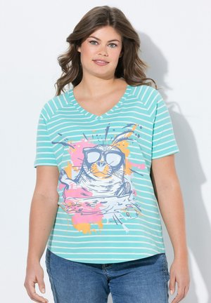 T-shirt à manches courtes rayé aqua, avec un col en V, comportant un graphisme d'une enseigne ensoleillée avec des lunettes de soleil et des éclaboussures colorées. En coton.