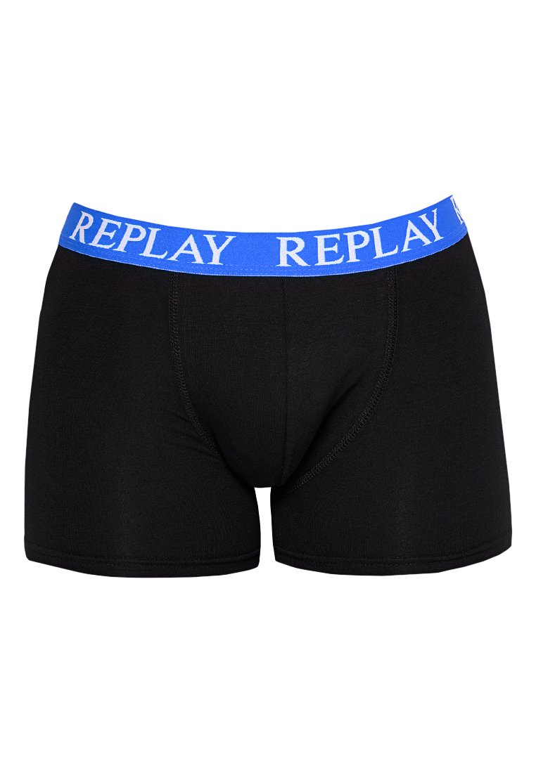 Boxers noirs pour hommes avec une large ceinture bleue arborant le texte blanc "REPLAY" répété.