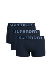 Boxers en jersey marine foncé, fabriqués en tissu doux, dotés d'une large ceinture élastique avec "SUPERDRY" en lettres grises contrastantes. Trois paires montr�ées.