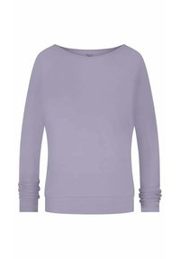 Lavendelfarbenes Langarmshirt mit weitem Ausschnitt. Weicher Stoff, enganliegende Bündchen mit Raffung und eine lockere Silhouette. Einfaches Design.