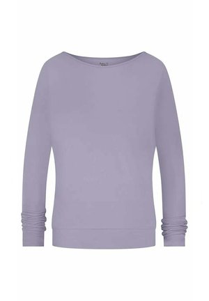 Lila longsleeve shirt met een brede halslijn. Zachte stof, aansluitende manchetten met gathered detail en een ontspannen silhouet. Eenvoudig ontwerp.