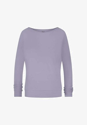Lavendelfarbenes Langarmshirt mit weitem Ausschnitt. Weicher Stoff, enganliegende Bündchen mit Raffung und eine lockere Silhouette. Einfaches Design.