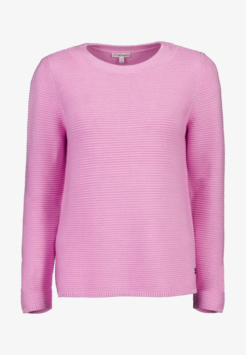 Pull en maille côtelée violet clair à manches longues avec un col rond, vu de face avec une étiquette de marque visible à l’intérieur du col.