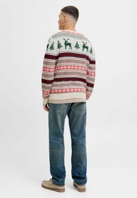 Maglione lavorato a maglia con motivo di renna e albero in verde, rosso e bianco, con colletto e polsini a coste. Abbinato a jeans azzurri chiari.