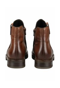 Bottines en cuir brun avec une finition lisse, des zips sur le côté et un talon empilé. Présente des panneaux en tissu noir contrastant.