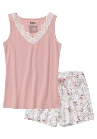 Débardeur rose avec dentelle et shorts à motif florale en tissu doux, doté d'une taille élastique et d'un cordon de serrage pour un ajustement personnalisé.