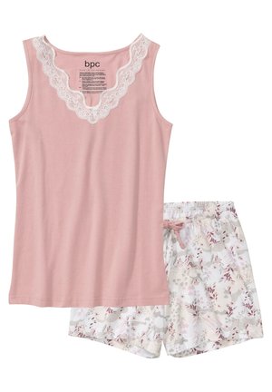 Débardeur rose avec dentelle et shorts à motif florale en tissu doux, doté d'une taille élastique et d'un cordon de serrage pour un ajustement personnalisé.