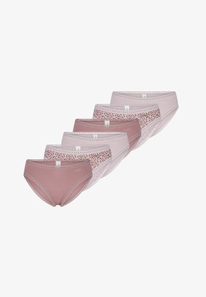 Five pairs of women's briefs in shades of pink and beige, featuring solid colors and a leopard print, with lace trim along the waistband.