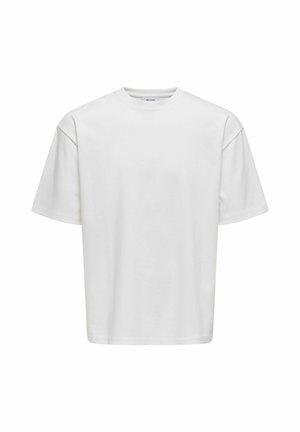 Weißes T-Shirt mit kurzen Ärmeln aus Baumwolle, mit Rundhalsausschnitt, lockerem Schnitt und glatter Textur ohne sichtbare Muster oder Akzente.