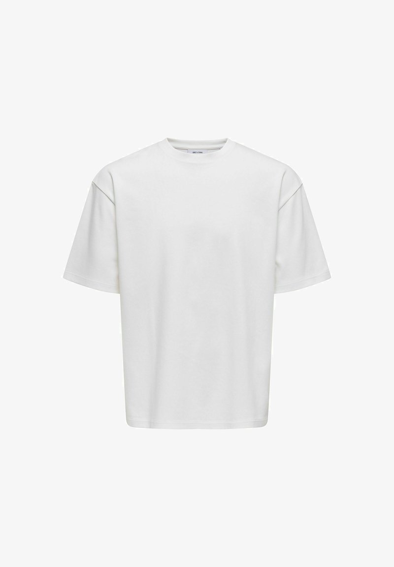 Biała koszulka z krótkim rękawem wykonana z bawełny, z okrągłym dekoltem, luźnym krojem i gładką teksturą, bez widocznych wzorów czy akcentów.