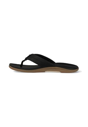 Zwarte leren teenslipper met een tankleurige zool, voorzien van een gevoerd voetbed en een brede band die over de bovenkant kruist met een teensteker.