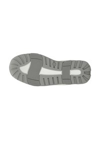 Grijze rubberen schoenzool met opgeruwde groeven en ribbels voor grip. Heeft een witte rand en een centrale gripband.
