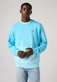 Lichtblauwe sweatshirt met een verloop naar wit, gemaakt van zachte stof. Ronde hals ontwerp met een klein rood Levi's logo op de borst.