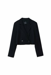 Blazer noir court avec manches longues, larges revers, et deux boutons à l'avant, présenté sur un fond blanc.