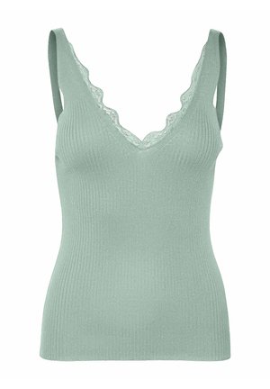 Haut sans manches en maille côtelée vert clair avec bordure en dentelle le long du décolleté plongeant en V et fines bretelles.
