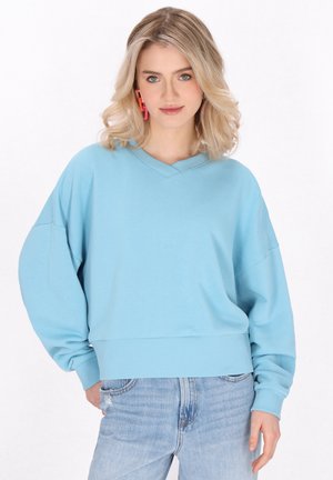 Felpa azzurro chiaro cropped con scollatura a V, spalle scese e orlo a coste. Il tessuto appare liscio e morbido con dettagli minimi.