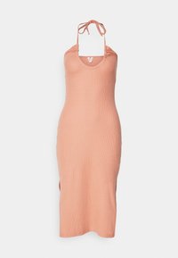Robe midi à rayures, sans manches, en tissu doux pêche, avec un col rond et des bretelles à nouer ajustables. Les fentes sur les côtés offrent une coupe décontractée.