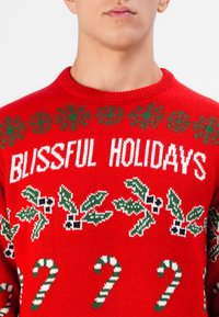 Rode feestdagen trui met de tekst "BLISSFUL HOLIDAYS", groene hulst en witte zuurstokpatronen, gebreid ontwerp met een ronde hals.