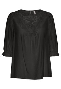 Blusa nera con maniche a tre quarti a sbuffo, ricamo floreale attorno al colletto, leggera lucentezza e chiusura con bottone sul retro.