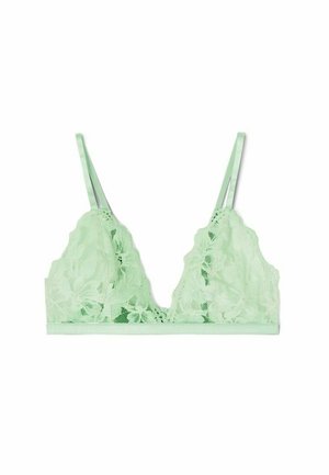 Bralette de encaje verde menta con patrones florales, tirantes ajustables y una tela suave y texturizada con una banda inferior lisa.