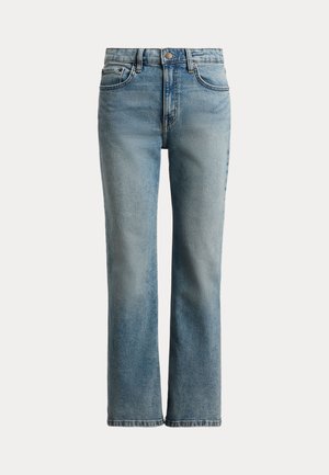 Ανοιχτό μπλε τζιν παντελόνι κανονικής γραμμής με μπροστινές τσέπες, θηλιές για ζώνη και κούμπωμα με κουμπί στη μέση.