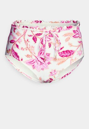 Hohe Bikinihose mit rosa und lila Blumenmuster, Kordelzug mit goldenen Akzenten und gerafftem elastischen Bund auf weißem Hintergrund.