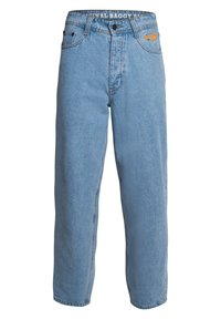 Jeans holgados de color azul claro, confeccionados en denim, con una cintura alta, bolsillos frontales y un logotipo bordado encima del bolsillo derecho.