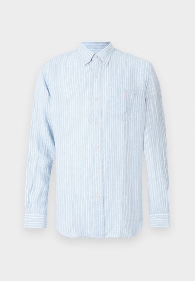 Ljusblå randig skjorta med knappar, långärmad, krage, bröstficka och en liten logotypdetalj i rosa.