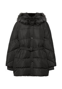 Sort pufferjakke med en aftagelig faux fur-hætte, bælte i taljen, trykknapper og quiltet tekstur. Har sidelommer.