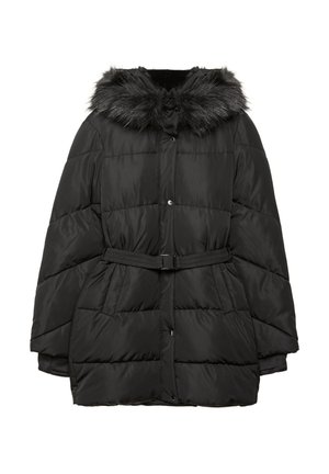 Doudoune noire avec capuche en fausse fourrure amovible, taille ceinturée, boutons-pression et texture matelassée. Dotée de poches latérales.