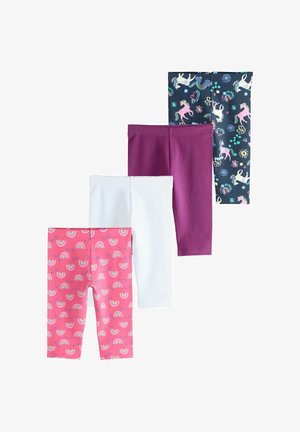 Neli paari laste retuuse mustrites: tumesinine ükssarvikutega, ühetooniline lilla, ühetooniline valge ja roosa vikerkaartega.