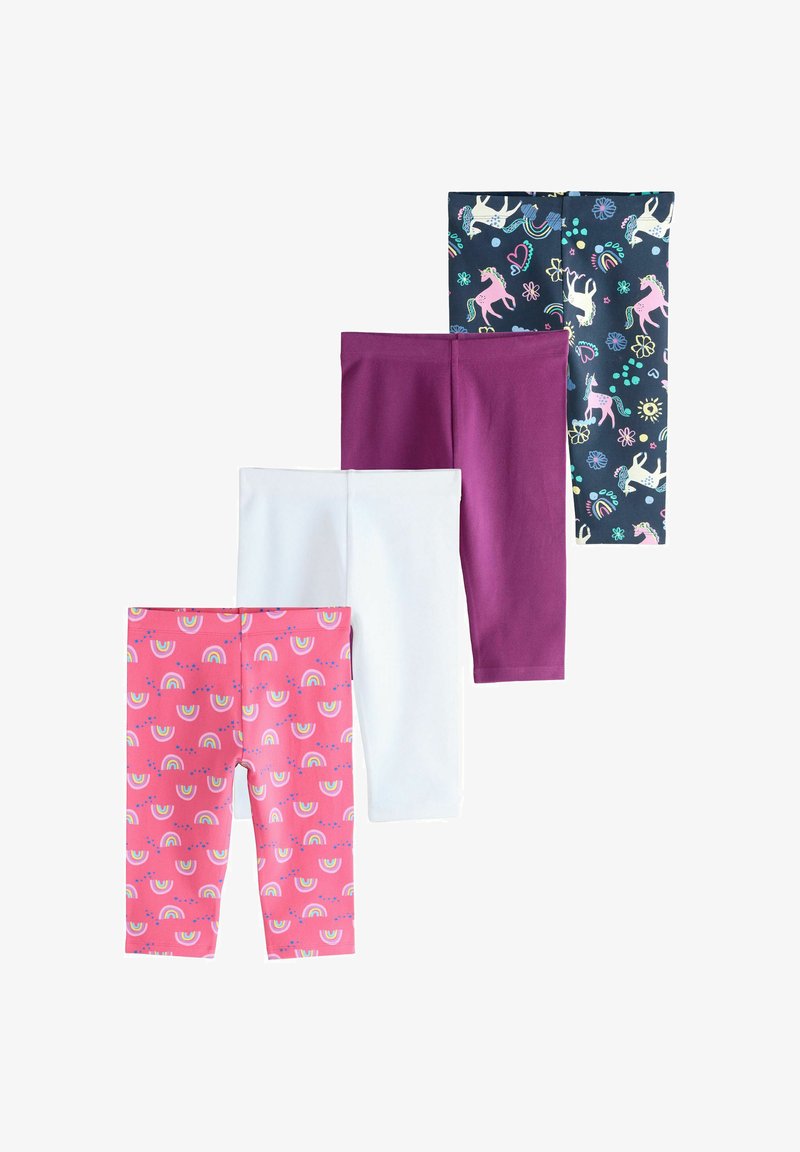 Četiri para dječjih tajica u uzorcima: mornarsko plave s jednorozima, jednobojne ljubičaste, jednobojne bijele i ružičaste s duginim uzorcima.