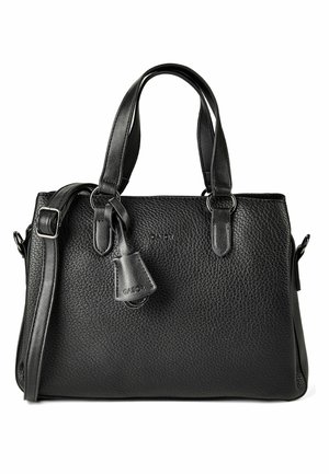 Zwarte leren handtas met textuur, voorzien van twee handvaten, afneembare schouderriem en een leren label met metalen ring.