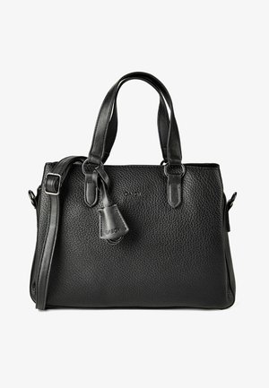 Sac à main en cuir noir texturé avec deux poignées, une bandoulière amovible et une étiquette en cuir avec anneau métallique.