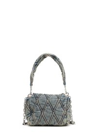 Quilted denim handbag in blue, featuring a braided handle and silver chain strap. The design includes diamond patterns and contrasting stitching.