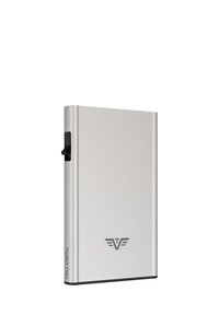 Silver metal cardholder with a sleek rectangular design, featuring a black slide mechanism and a logo on one side. Smooth texture.