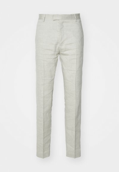 Jasnoszare lniane spodnie o slim fit, z płaskim przodem i subtelną teksturą. Posiadają zwężane nogawki i standardowy pas.