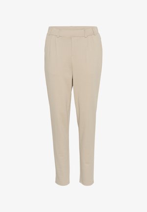 Bežiniai priderinti kelnių su lygia medžiaga, turinčiais juosmenį, klostes ir siaurėjančias kojas. Nėra matomų kišenių ar puošmenų.