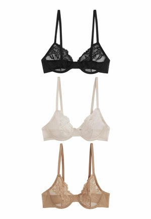 Three bras displayed: a black lace bra with mesh details, a nude lace bra, and a beige bra with floral accents. Thin adjustable straps.