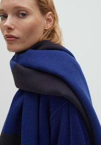 Sciarpa a strisce blu e marrone scuro, realizzata in materiale morbido, drappeggiata sulle spalle, con una trama liscia e linee pulite.