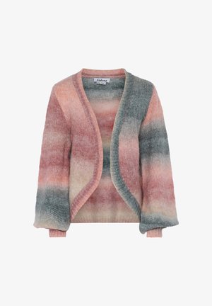 Cardigan lavorato a maglia con apertura frontale, caratterizzato da una gradazione di tonalità rosa, pesca e teal, e una finitura morbida e testurizzata.