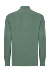 Grüner gestrickter Pullover mit hohem Kragen, langen Ärmeln und geripptem Muster. Das Design weist eine einheitliche Farbe auf.