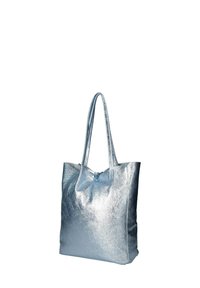 Metalen blauwe tote bag met lange hengsels, rechthoekige vorm, gladde textuur en een minimaal design. Geen zichtbare patronen of hardware-details.