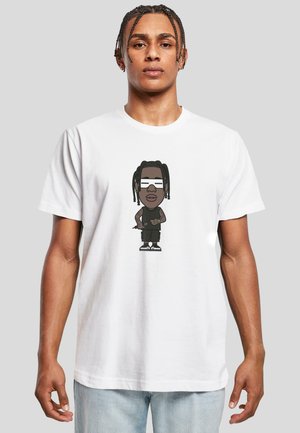 White cotton t-shirt featuring a cartoon graphic on the front, depicting a character with braids, sunglasses, and casual clothing.