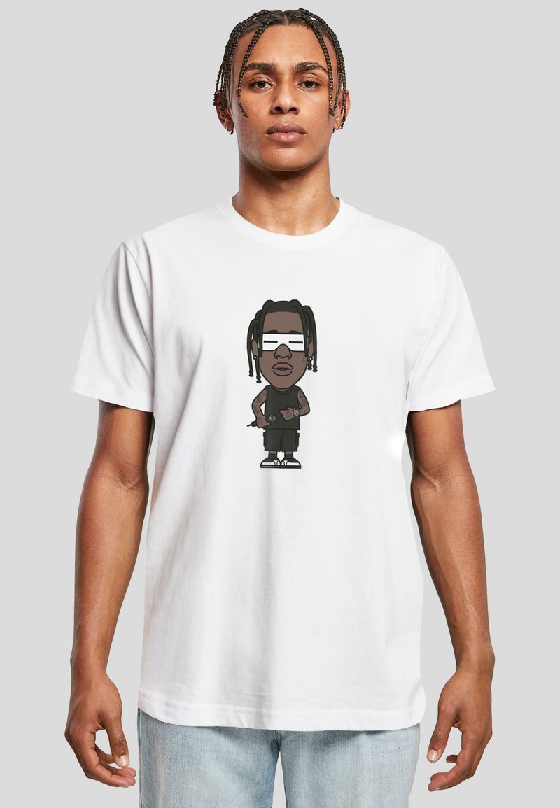 White cotton t-shirt featuring a cartoon graphic on the front, depicting a character with braids, sunglasses, and casual clothing.