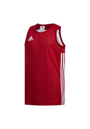 Camiseta atlética roja sin mangas hecha de un tejido transpirable, con acentos blancos y tres rayas verticales blancas a cada lado, con un cuello redondo.