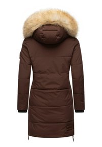 Bruine gewatteerde parka met een capuchon voorzien van bont, met horizontaal gestikte secties, geribbelde manchetten en een rits aan de onderkant.
