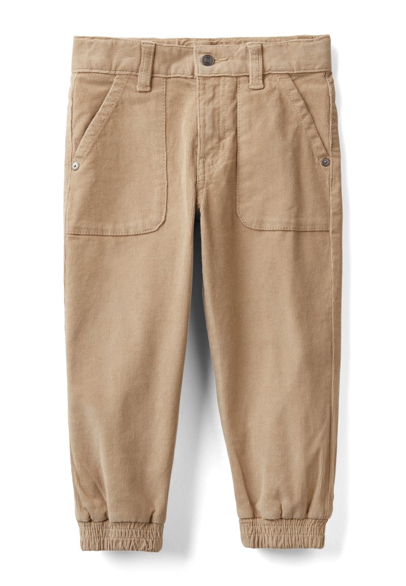 Beige korduroy kalhoty s elastickými manžetami, předními náprsními kapsami s detailními knoflíky, poutky na opasek a zapínáním na předním knoflíku.