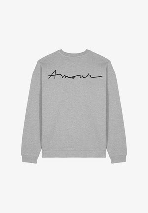 Felpa grigia con colletto a girocollo e maniche lunghe, con "Amour" ricamato in corsivo nero sul retro. Materiale morbido, design casual.