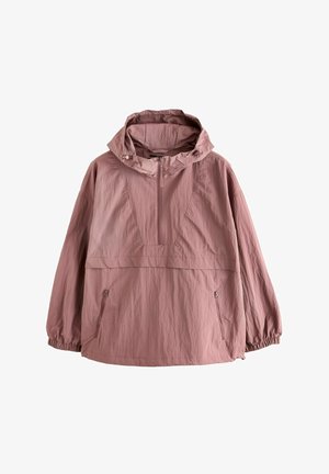 Vaaleanpunainen hupullinen takki, jossa on puolivetoketju ja etutasku, varustettuna elastisilla hihoilla ja rentolla leikkauksella. Valmistettu kevyestä, teksturoidusta kankaasta.